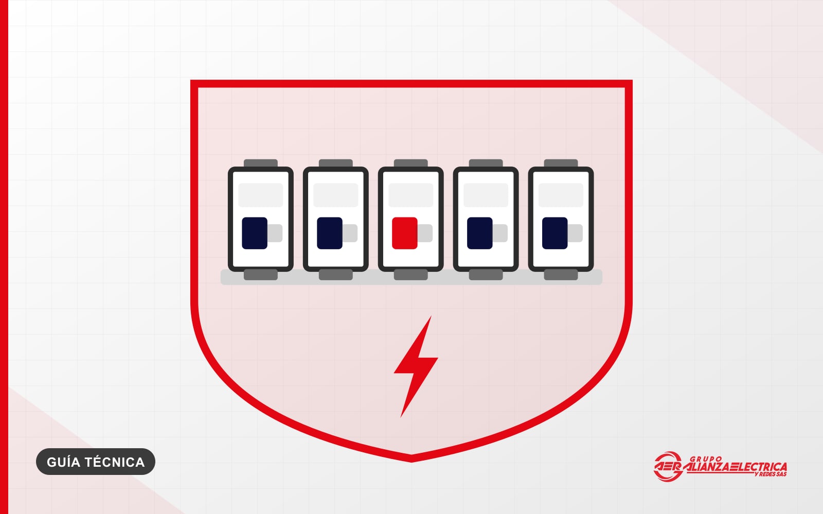Ilustración de cinco interruptores automáticos sobre riel DIN dentro de un escudo