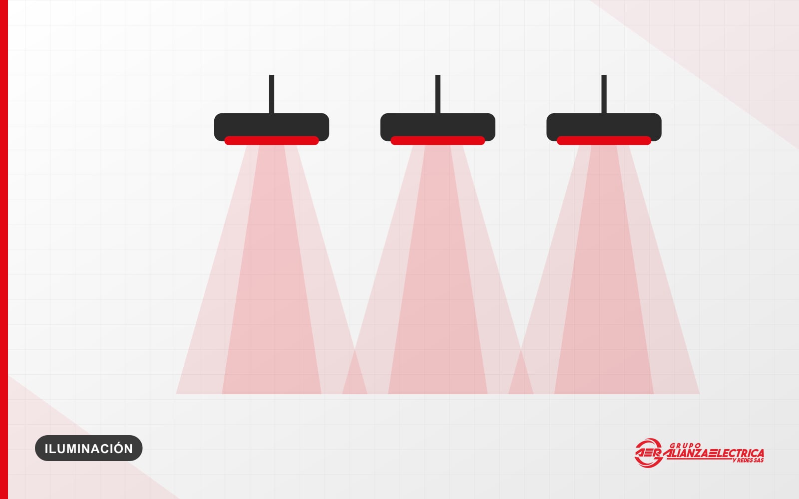 Ilustración de tres luminarias suspendidas proyectando haces de luz