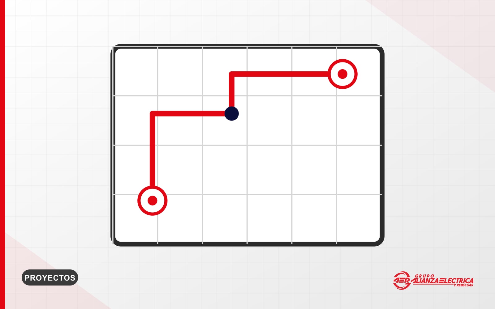Ilustración de un plano técnico con el trazado de un circuito eléctrico marcado en rojo
